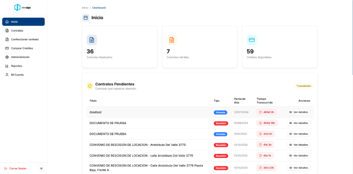 Dashboard de gestión de contratos inmobiliarios con firma electrónica - Plataforma InmoSign mostrando interfaz de administración de contratos, usuarios y reportes